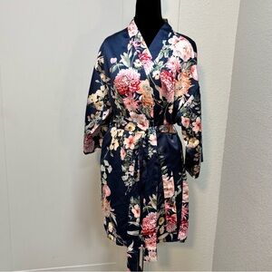 Flora Nikrooz Floral Satin Short Robe Navy Blue Pink Peony Kimono L/XL Luxury